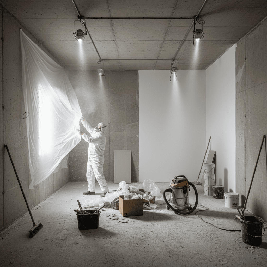 Post-construction cleanup removing debris from renovated space