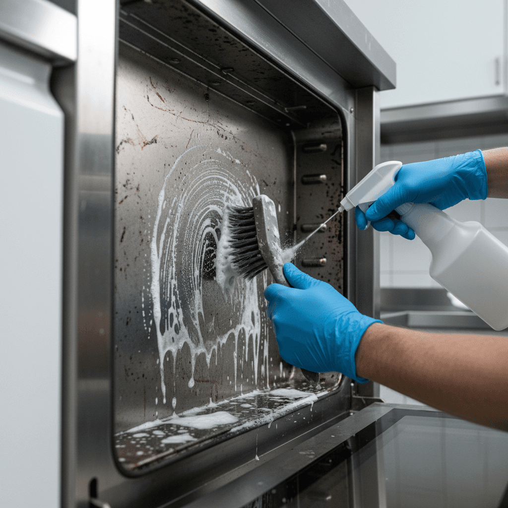 Deep cleaning detail work inside an oven