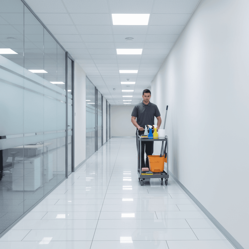 Office cleaner maintaining a commercial hallway