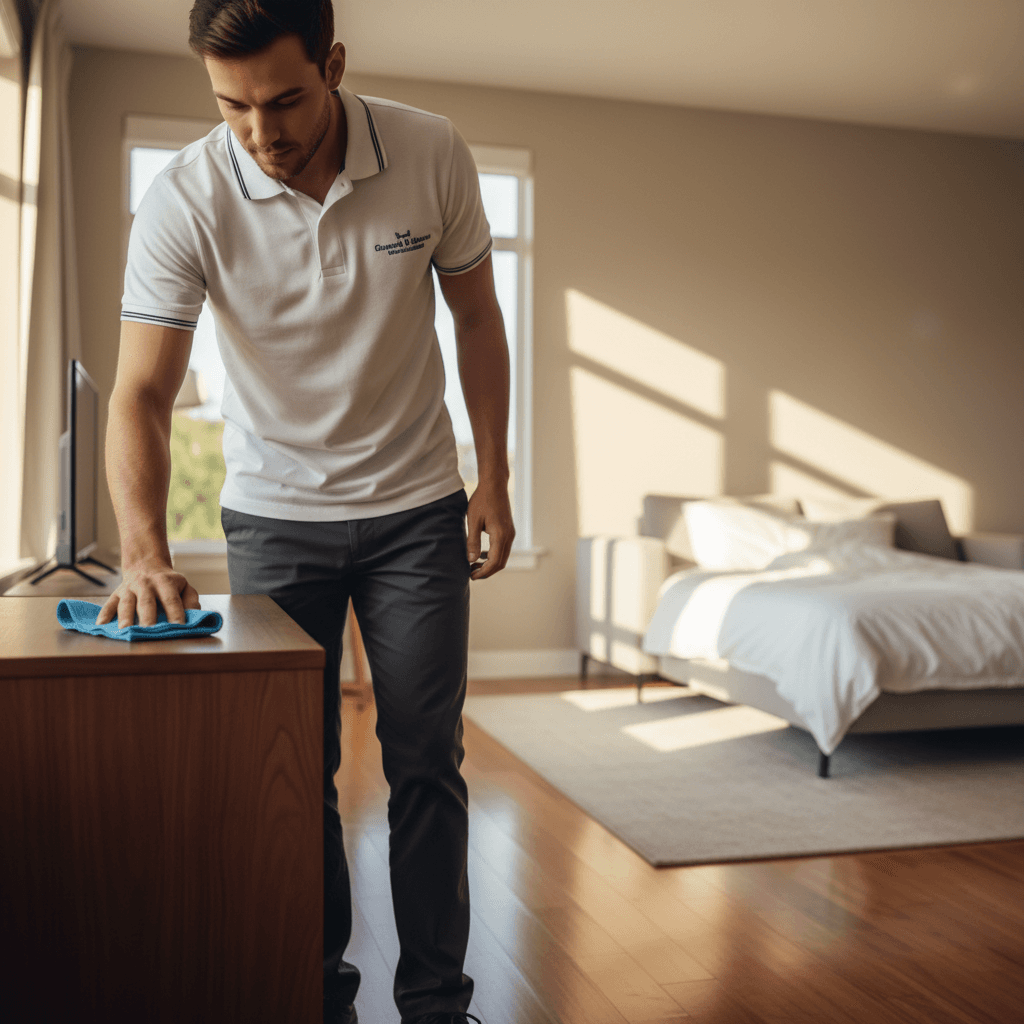 Professional cleaner maintaining a residential living room