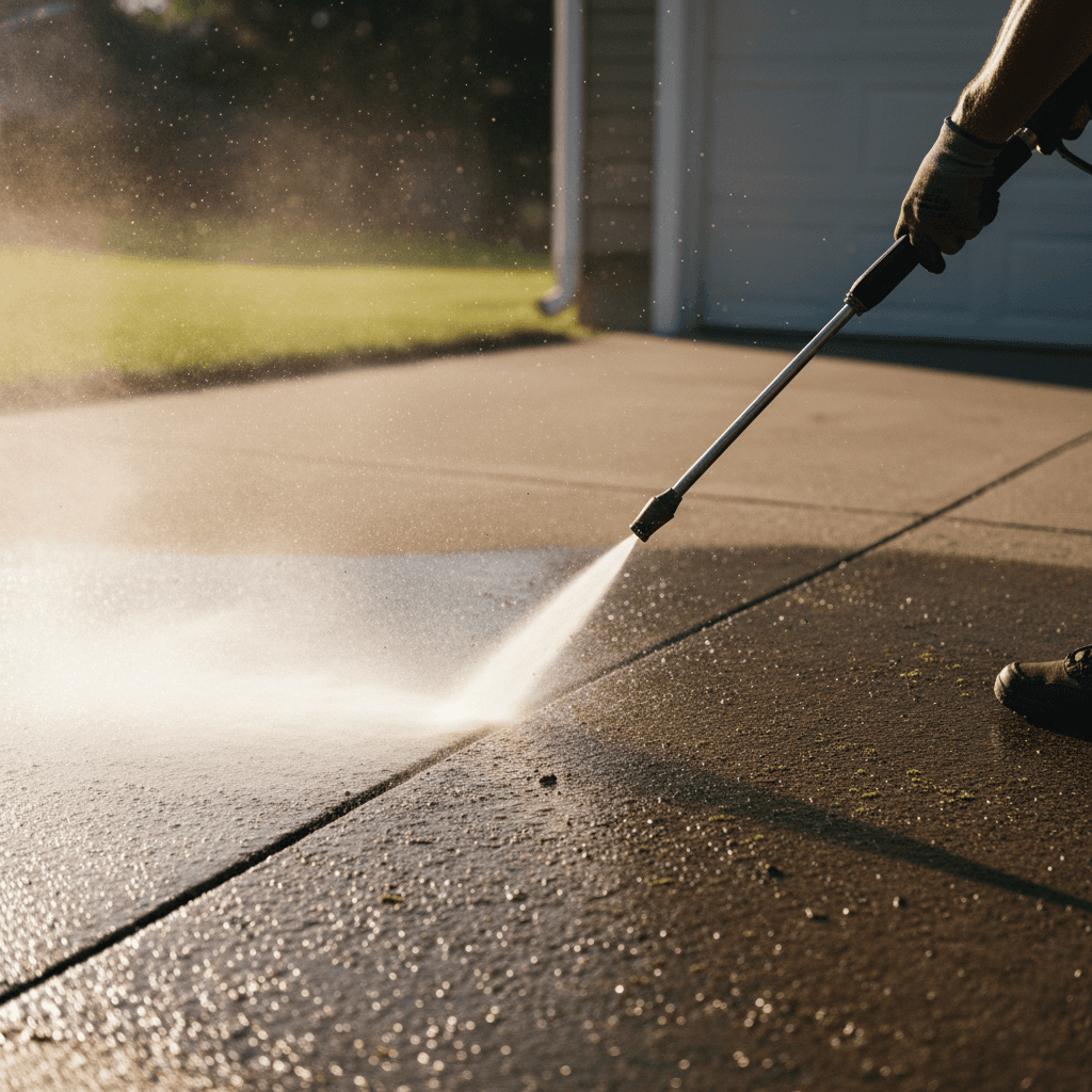 Pressure washer cleaning a concrete driveway, removing dirt and stains