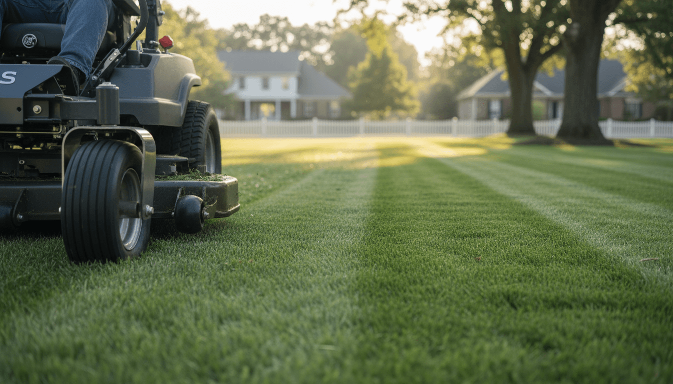Professional lawn mower cutting a residential lawn in clean, even lines