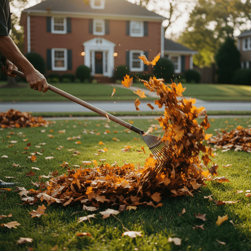 Landscaper raking autumn leaves in a residential yard during seasonal cleanup
