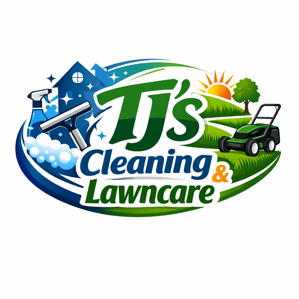 TJ's Cleaning & Lawncare logo with house, cleaning supplies, lawn mower, and sunny hills.
